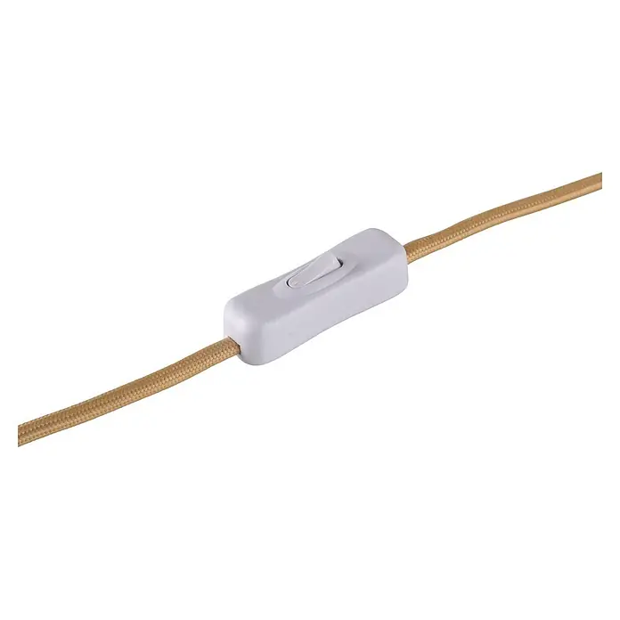 Just Light Tischleuchte Traventa - 10 W, L x B x H: 15 x 15 x 35 cm, Travertin, Opalglas, GU10 - Weißer Schnurschalter auf goldfarbenem geflochtenem Textilkabel.