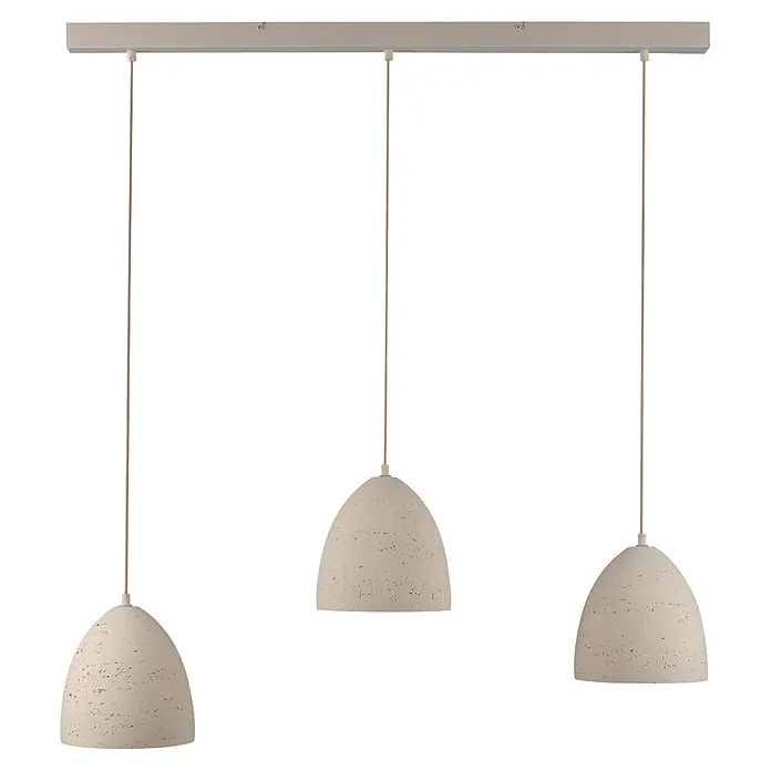 Just Light Pendelleuchte Traventa - L x B x H: 115 x 21 x 120 cm, Travertinoptik, E27, Anzahl Leuchtmittel: 3 Stk. - Drei hellfarbene, texturierte, kuppelförmige Pendelleuchten hängen an einer langen, rechteckigen Stange.
