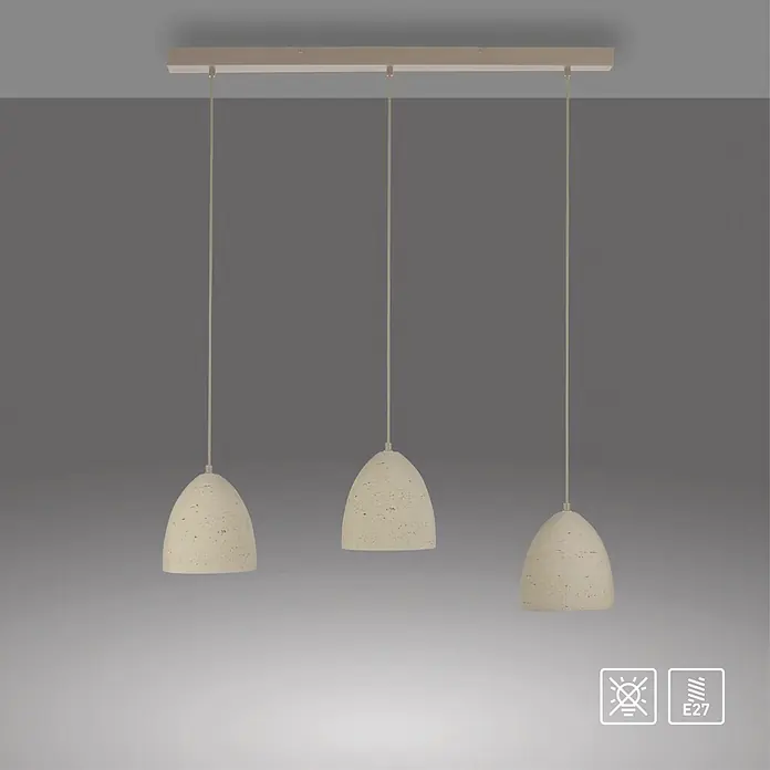 Just Light Pendelleuchte Traventa - L x B x H: 115 x 21 x 120 cm, Travertinoptik, E27, Anzahl Leuchtmittel: 3 Stk. - Drei helle Pendelleuchten aus Beton an einer linearen Deckenleiste, passend für E27-Leuchtmittel (nicht enthalten).