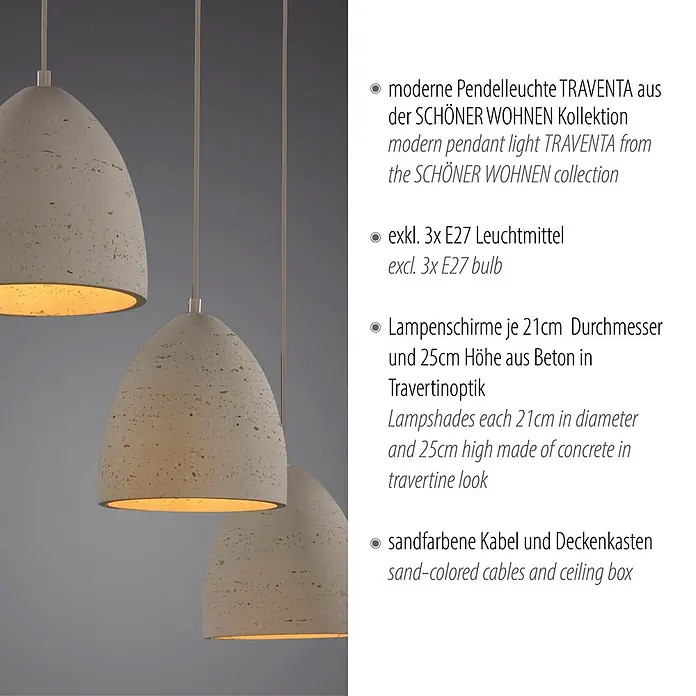 Just Light Pendelleuchte Traventa - L x B x H: 115 x 21 x 120 cm, Travertinoptik, E27, Anzahl Leuchtmittel: 3 Stk. - Moderne TRAVENTA Pendelleuchten mit Betonschirmen in Travertinoptik und sandfarbenen Kabeln.