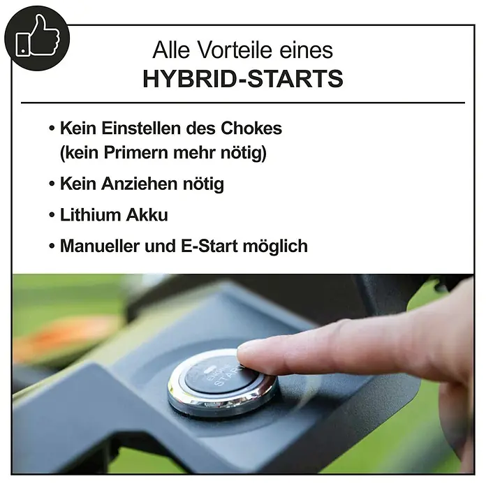 Scheppach Benzin-Rasenmäher PML530-225E - 4,4 kW, 224 cm³, Schnittbreite: 53 cm - Finger drückt 'Engine Start'-Knopf, zeigt einfachen Elektrostart eines Hybridsystems. Kein Anziehen oder Choke nötig.