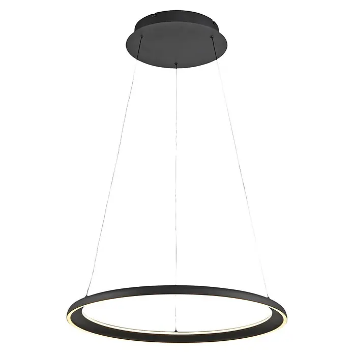 Just Light LED-Pendelleuchte rund Quillo - 42 W, Ø x H: 60 x 180 cm, Schwarz - Schwarze runde LED-Pendelleuchte mit beleuchtetem Innenring, von der Decke abgehängt.