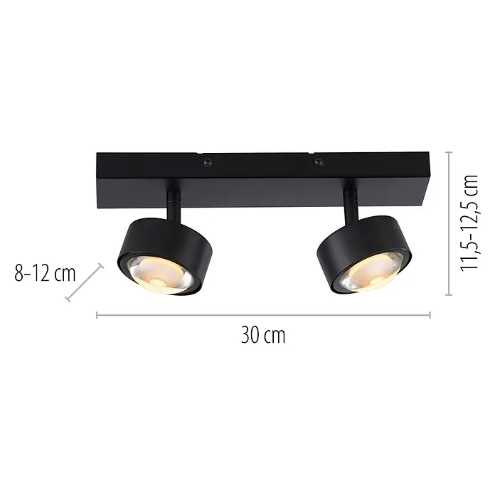 Just Light LED-Deckenstrahler Kulu - 9,6 W, L x B x H: 30 x 12 x 12,5 cm, Schwarz, Warmweiß, Anzahl Leuchtmittel: 2 Stk. - Schwarzer Deckenstrahler aus Metall mit zwei verstellbaren Lampen.