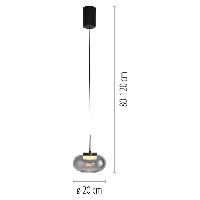 Just Light LED-Pendelleuchte Sia - 4,5 W, L x B x H: 80 x 20 x 20 cm, Rauchglas/ Schwarz, Warmweiß, Anzahl Leuchtmittel: 1 Stk. - Schwarze Pendelleuchte, höhenverstellbar (80-120 cm), mit rauchgrauem Glasschirm (Ø 20 cm).