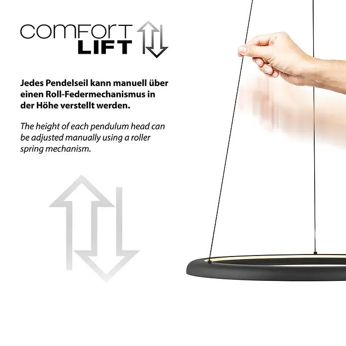 Just Light LED-Pendelleuchte rund Quillo - 42 W, Ø x H: 60 x 180 cm, Schwarz - Schwarze Pendelleuchte wird manuell in der Höhe über einen Roll-Federmechanismus verstellt.