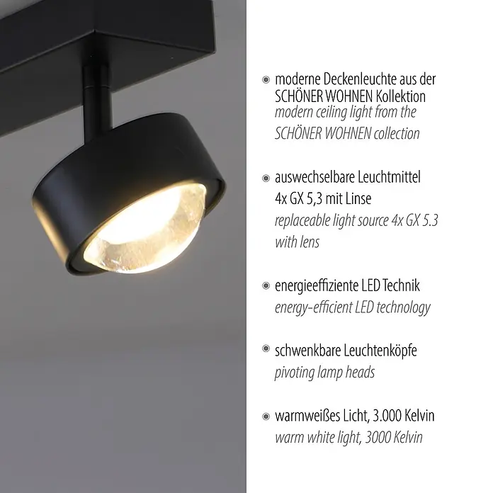 Just Light LED-Deckenstrahler Kulu - 19,2 W, L x B x H: 60 x 12,5 x 12,5 cm, Schwarz, Warmweiß, Anzahl Leuchtmittel: 4 Stk. - Schwarze Deckenleuchte mit modernem Design und beleuchteter warmweißer LED.