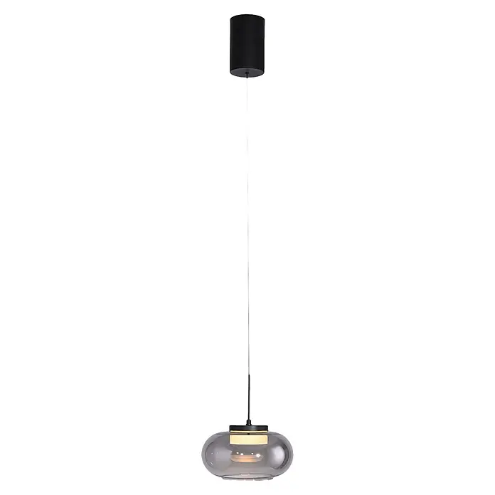 Just Light LED-Pendelleuchte Sia - 4,5 W, L x B x H: 80 x 20 x 20 cm, Rauchglas/ Schwarz, Warmweiß, Anzahl Leuchtmittel: 1 Stk. - Schwarze Pendelleuchte mit rauchfarbenem Glaskuppelschirm und beleuchtetem Innenbereich, an dünnem Kabel.