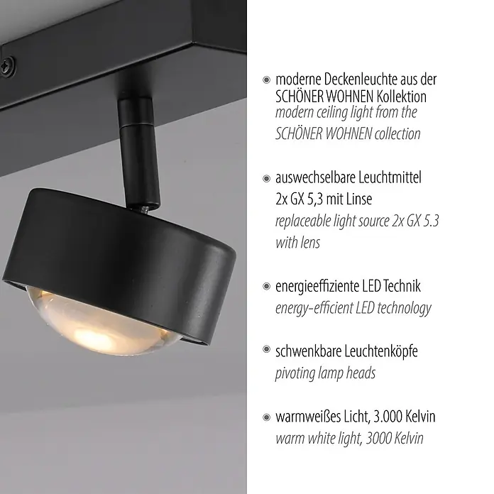 Just Light LED-Deckenstrahler Kulu - 9,6 W, L x B x H: 30 x 12 x 12,5 cm, Schwarz, Warmweiß, Anzahl Leuchtmittel: 2 Stk. - Schwarze moderne Deckenleuchte mit schwenkbarem Strahler und warmweißem LED-Licht.