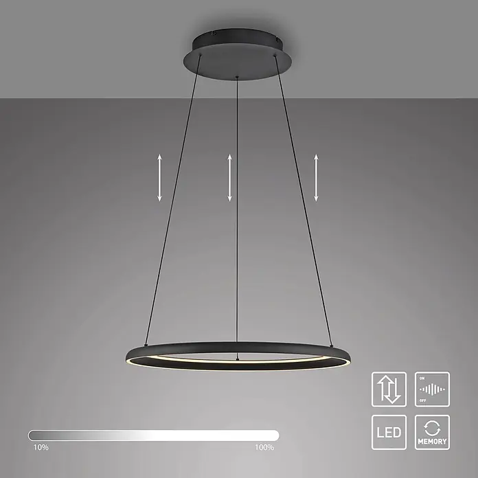 Just Light LED-Pendelleuchte rund Quillo - 42 W, Ø x H: 60 x 180 cm, Schwarz - Schwarze runde LED-Pendelleuchte, dimmbar und höhenverstellbar mit Memory-Funktion.
