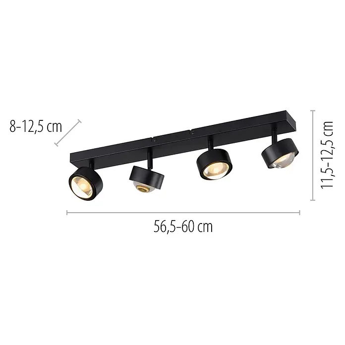 Just Light LED-Deckenstrahler Kulu - 19,2 W, L x B x H: 60 x 12,5 x 12,5 cm, Schwarz, Warmweiß, Anzahl Leuchtmittel: 4 Stk. - Schwarze Metall-Spotlight-Schiene mit vier verstellbaren Strahlern, Maße angegeben.