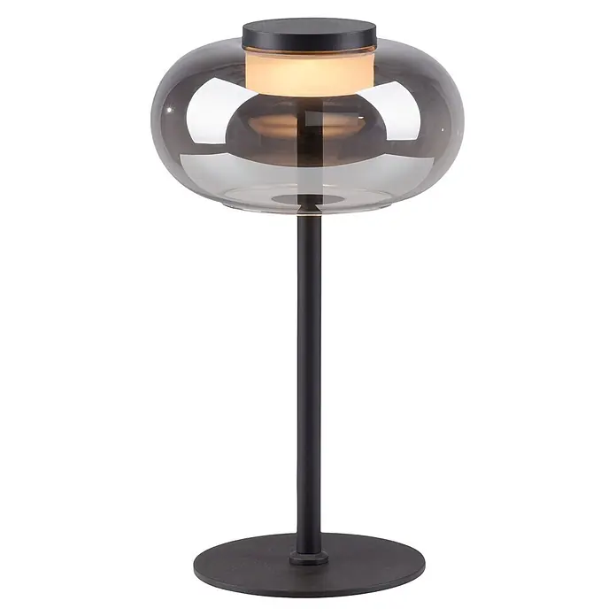 Just Light Akku-Tischleuchte Sia - L x B x H: 22 x 20 x 33 cm, Warmweiß, 9 W, IP20 - Moderne Tischlampe mit schwarzem Mattfuß und Stiel, einem rauchgrauen Glasdom und warmweißem LED-Licht.