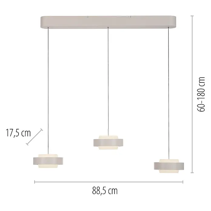 Just Light Pendelleuchte rund Elmo - 58 W, Ø x H: 17,5 x 200 cm, Sandbeige, Anzahl Leuchtmittel: 3 Stk. - Helle 3-flammige Pendelleuchte mit geschichteten geometrischen Schirmen, 88,5 cm lang, 17,5 cm Schirmhöhe, 60-180 cm höhenverstellbar.