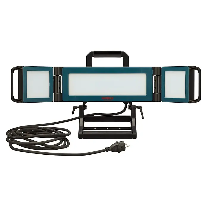 Mareld LED-Strahler Vapor 10000 - 80 W, 10.000 lm, 5.000 K, L x B x H: 16 x 43,5 x 26 cm, IP54 - Blau-schwarze faltbare LED-Arbeitsleuchte mit Ständer, Griff und aufgerolltem Netzkabel mit Eurostecker.