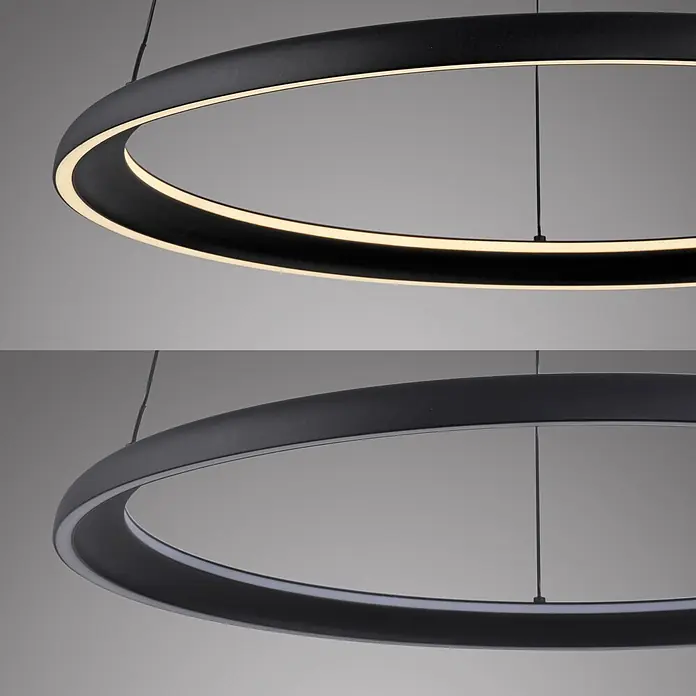 Just Light LED-Pendelleuchte rund Quillo - 42 W, Ø x H: 60 x 180 cm, Schwarz - Matte schwarze Ring-LED-Pendelleuchte, gezeigt mit hellem warmweißem Licht und in gedimmtem Zustand.