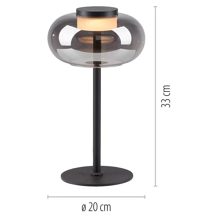 Just Light Akku-Tischleuchte Sia - L x B x H: 22 x 20 x 33 cm, Warmweiß, 9 W, IP20 - Moderne Tischleuchte mit schwarzem Fuß und Stiel, Rauchglas-Schirm und warmweißem LED-Licht.
