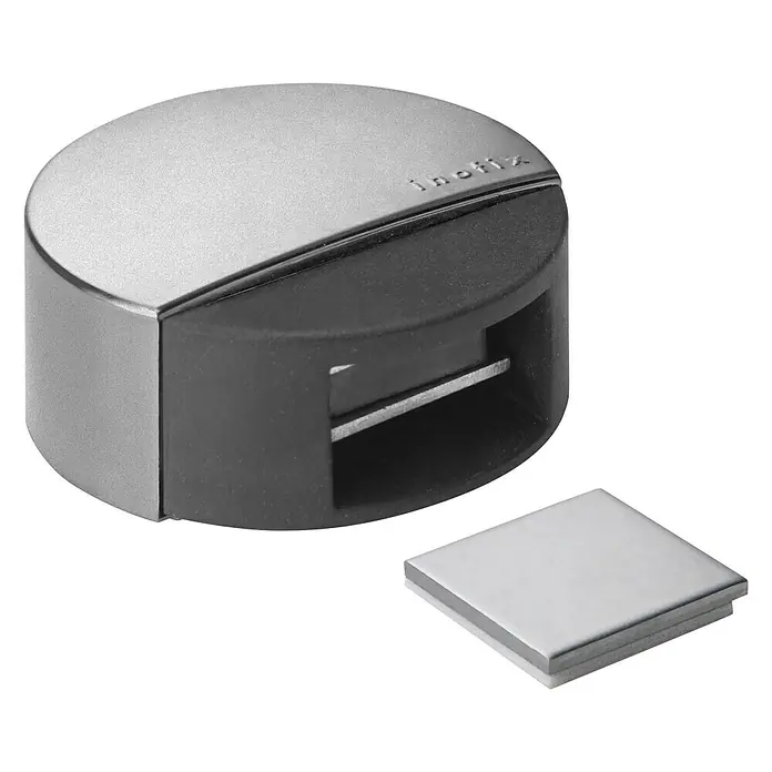 Inofix Tope de puerta 2037 - Acero inoxidable, Gris metalizado - Un tope de puerta redondo plateado con un acento negro y una placa metálica cuadrada separada.