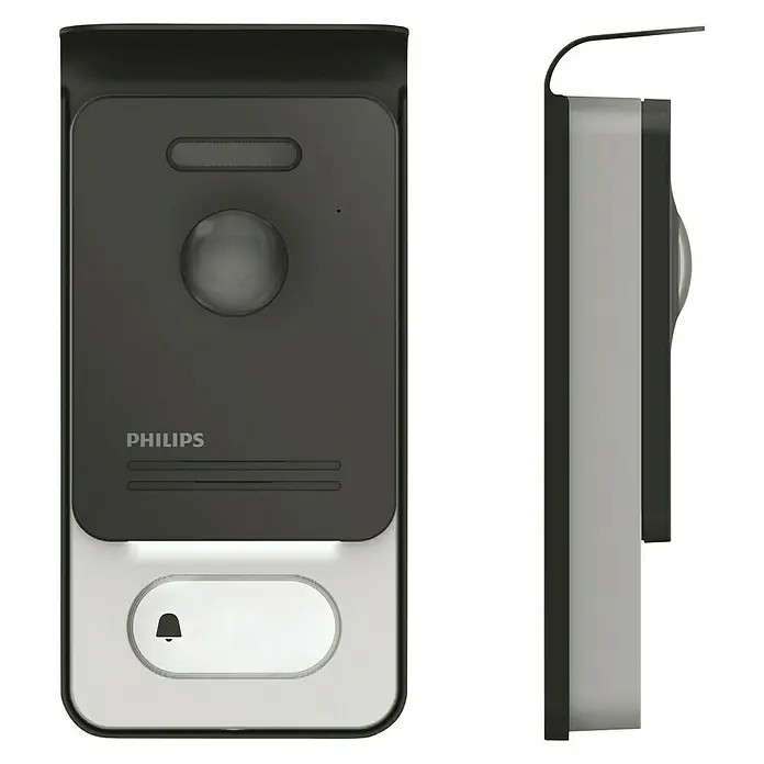 Philips WelcomeEye Videoportero en color externo adicional Outdoor - Casa para dos familias - Un timbre inteligente Philips con cámara y botón de timbre en negro y plateado. El dispositivo es visible tanto de frente como de lado.