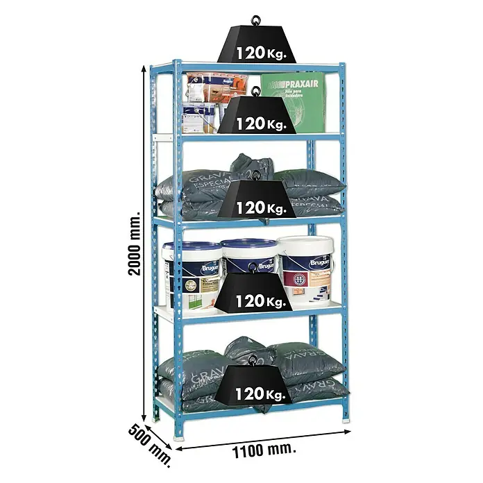 Simonrack Simonclick Metallregal Simonclick Super Plus - H x B x T: 200 x 110 x 50 cm, Traglast pro Boden: 200 kg, Anzahl Böden: 5 Stk., Stecken, Blau/Weiß - Abbildung eines blauen Metallregals mit fünf Ebenen, beladen mit verschiedenen Artikeln und jeweils mit einem Gewicht von 120 kg versehen.