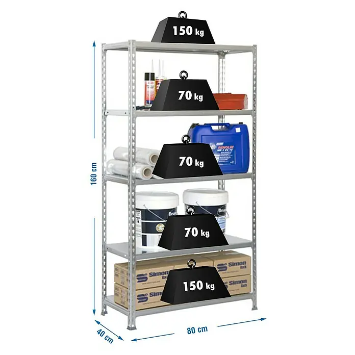 Simonrack Simonclick Metallregal Ecoclick Mini - H x B x T: 180 x 80 x 40 cm, Traglast pro Boden: 70 kg, Anzahl Böden: 5 Stk., Stecken, Silber - Produktfoto eines Schwerlastregals mit fünf Ebenen, befüllt und mit Gewichtsangaben versehen, um die Belastbarkeit zu demonstrieren.