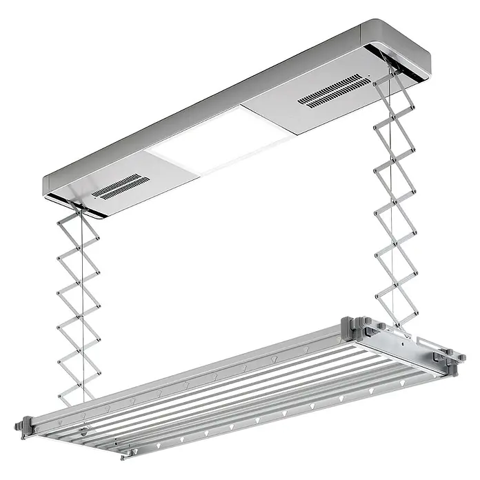 Foxydry Deckenwäschetrockner Pro 120 - L x B: 53 x 122 cm, Stahlgrau - Silbergrauer elektrischer Deckenwäschetrockner mit ausziehbarem Scherenmechanismus, integriertem Licht und Belüftung.