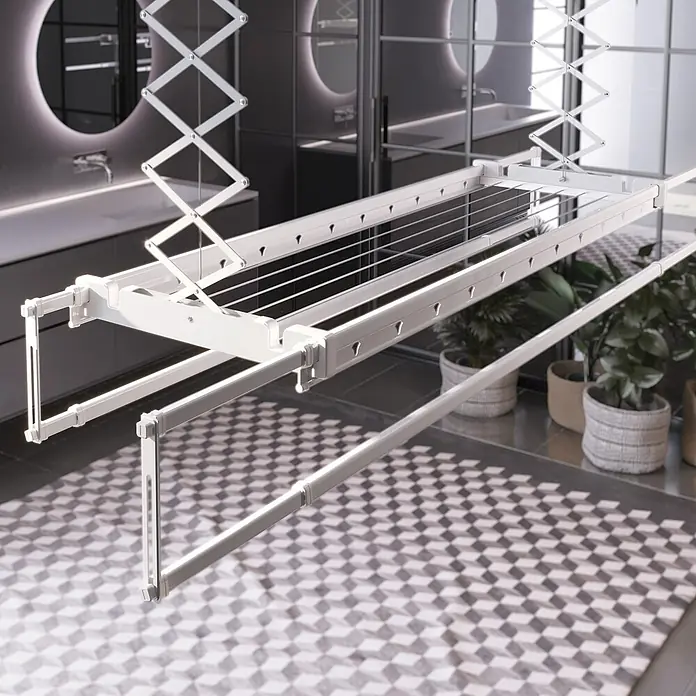 Foxydry Wandwäschetrockner Pro 120 Wand - 122 cm, Farbe: Stahlgrau - Weißer, deckenmontierter, ausziehbarer Wäschetrockner mit mehreren Leinen, ausgeklappt.