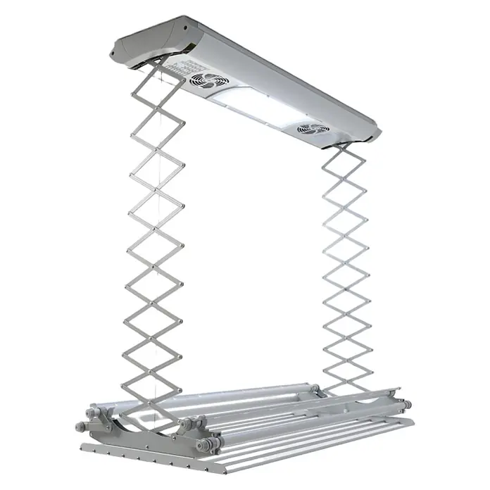 Foxydry Deckenwäschetrockner Air 120 - L x B: 57 x 122 cm, Stahlgrau - Silberner Deckenwäschetrockner mit ausziehbarer Stange, integriertem Licht und Ventilatoren.