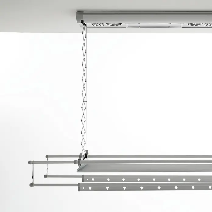 Foxydry Deckenwäschetrockner Air 120 - L x B: 57 x 122 cm, Stahlgrau - Grauer deckenmontierter ausziehbarer Wäscheständer mit integrierten Ventilatoren für schnelleres Trocknen.