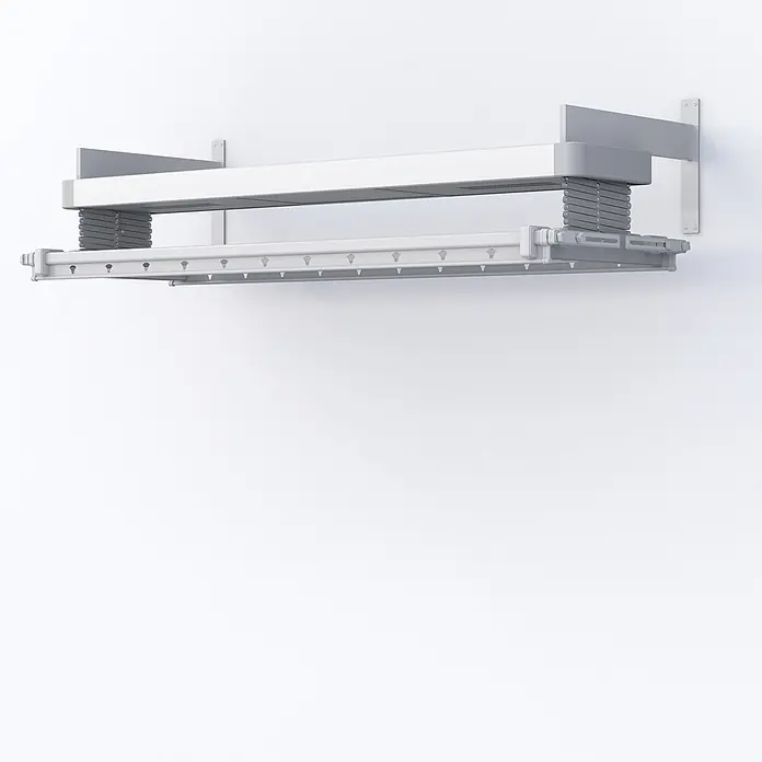 Foxydry Wandwäschetrockner Pro 120 Wand - 122 cm, Farbe: Stahlgrau - Ausziehbarer, wandmontierter, grau-weißer Wäscheständer mit mehreren Haken.