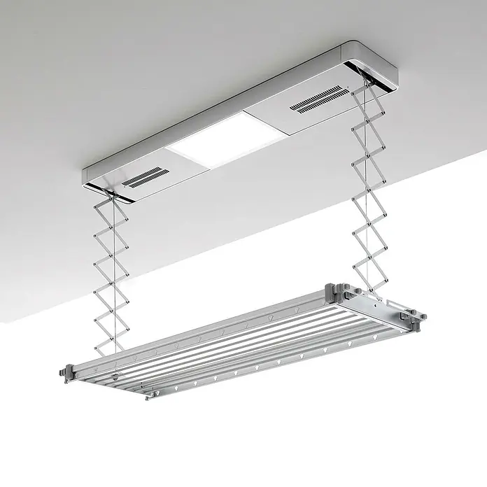 Foxydry Deckenwäschetrockner Pro 150 - L x B: 53 x 160 cm, Stahlgrau - Silberner, deckenmontierter, ausziehbarer Wäschetrockner mit integriertem Licht und Lüftung.