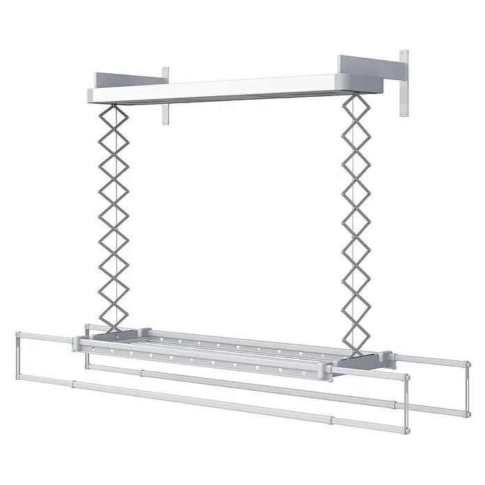 Foxydry Wandwäschetrockner Pro 120 Wand - 122 cm, Farbe: Stahlgrau - Weiß-grauer, an der Decke montierter, ausziehbarer Wäscheständer mit Akkordeonmechanismus.