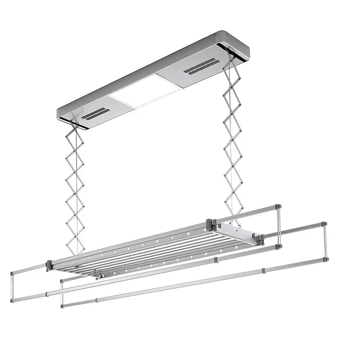 Foxydry Deckenwäschetrockner Pro 150 - L x B: 53 x 160 cm, Stahlgrau - Silberner Deckenwäschetrockner mit Lichtpanel und ausziehbaren Akkordeonarmen zum Wäschetrocknen.