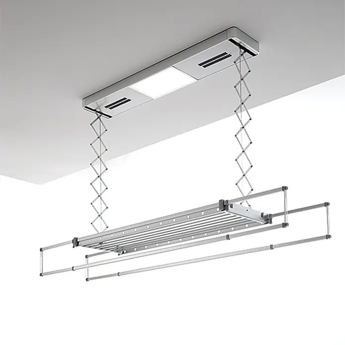 Foxydry Wandwäschetrockner Pro 150 Wand - 160 cm, Farbe: Stahlgrau - Deckenmontierter ausziehbarer Wäscheständer aus Silbermetall mit integriertem Licht.