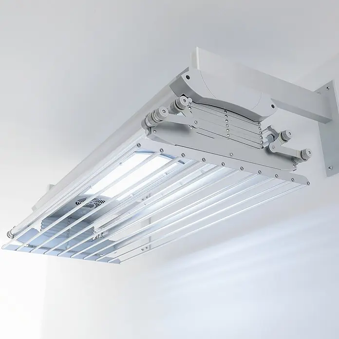 Foxydry Wandwäschetrockner Air 120 Wand - 122 cm, Farbe: Stahlgrau - Weiß-grauer, deckenmontierter Wäschetrockner mit LED-Beleuchtung und Ventilator, ausziehbar.
