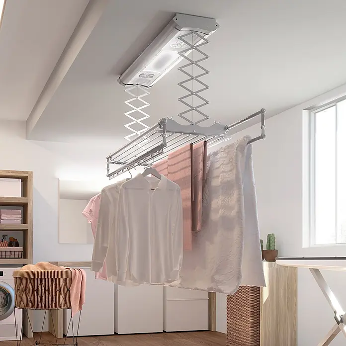 Foxydry Deckenwäschetrockner Air 120 - L x B: 57 x 122 cm, Stahlgrau - Weißer Decken-Wäschetrockner mit ausziehbaren Armen, integrierter Beleuchtung und Ventilator, hält Wäsche.