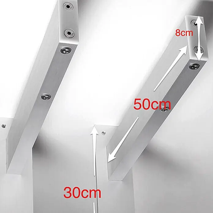 Foxydry Wandwäschetrockner Air 120 Wand - 122 cm, Farbe: Stahlgrau - Zwei wandmontierte, silberne Metall-Regalstützen mit sichtbaren Maßen (50cm Länge, 8cm Höhe, 30cm Tiefe) und Innensechskantschrauben.