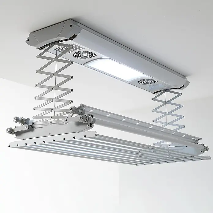 Foxydry Deckenwäschetrockner Air 120 - L x B: 57 x 122 cm, Stahlgrau - Ausziehbarer grauer Deckenwäschetrockner mit ausfahrbaren Stangen, integriertem Licht und Ventilatoren zum effizienten Trocknen.