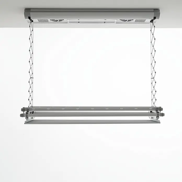 Foxydry Deckenwäschetrockner Air 120 - L x B: 57 x 122 cm, Stahlgrau - Grauer, elektrischer Wäscheständer zur Deckenmontage mit ausziehbaren Armen, mehreren Stangen, Lüftung und integrierter Beleuchtung.
