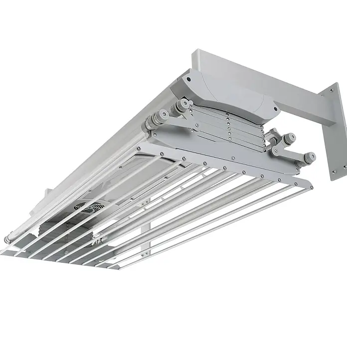 Foxydry Wandwäschetrockner Air 120 Wand - 122 cm, Farbe: Stahlgrau - Grauer, ausziehbarer Deckenwäscheständer mit mehreren Stangen und integriertem Ventilator.