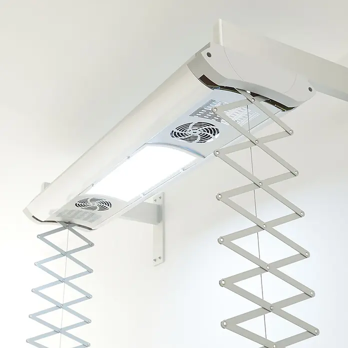Foxydry Wandwäschetrockner Air 120 Wand - 122 cm, Farbe: Stahlgrau - Weißer Deckenwäschetrockner mit integriertem Licht, Ventilatoren und zwei silbernen ausziehbaren Akkordeon-Wäscheständern.