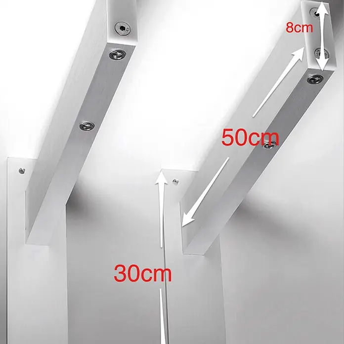 Foxydry Wandwäschetrockner Air 150 Wand - 160 cm, Farbe: Stahlgrau - Zwei silberfarbene Metallregalhalterungen, 50cm lang, 8cm breit, mit 30cm vertikaler Stütze und Schraubbefestigungen.