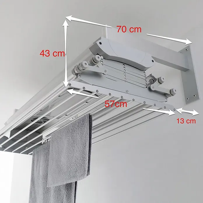 Foxydry Wandwäschetrockner Air 150 Wand - 160 cm, Farbe: Stahlgrau - Grauer ausziehbarer Deckenwäschetrockner mit mehreren Stangen und Belüftung, der zwei Handtücher hält.