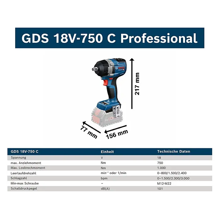 Bosch Professional AMPShare 18V Akku-Drehschlagschrauber GDS 18V-750 C - 18 V, Ohne Akku - Blauer und schwarzer Bosch GDS 18V-750 C Professional Schlagschrauber mit Abmessungen 217x156x77 mm.