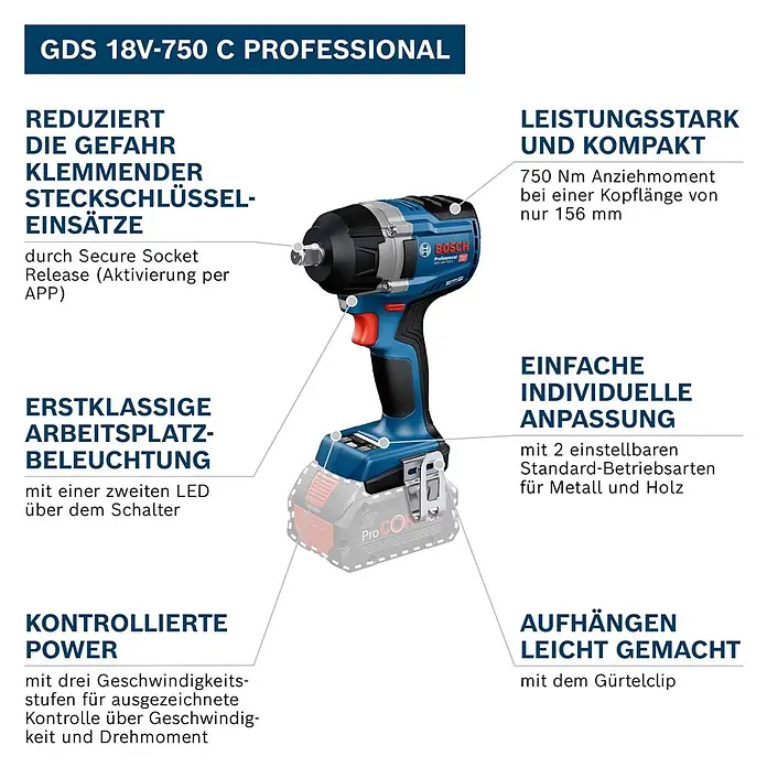 Bosch Professional AMPShare 18V Akku-Drehschlagschrauber GDS 18V-750 C - 18 V, Ohne Akku - Blauer und schwarzer Bosch GDS 18V-750 C Professional Akku-Schlagschrauber mit silbernem Bohrfutter und Akku.
