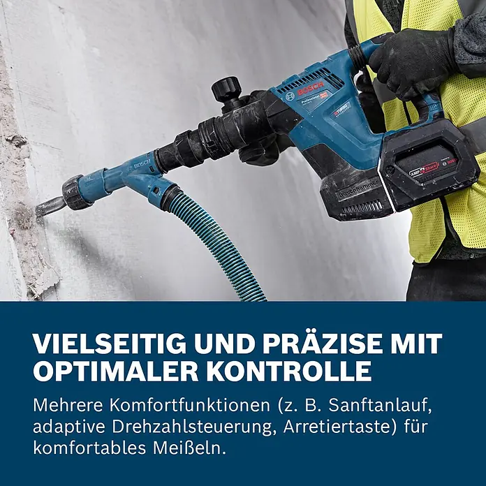 Bosch Professional AMPShare 18V Akku-Schlaghammer GSH 18V-5 - 18 V, Ohne Akku, 8,5 J - Blauer Bosch Professional Akku-Abbruchhammer mit Staubabsaugung, beim Meißeln einer Betonwand. Mit AMPShare Akku und BITURBO BRUSHLESS.