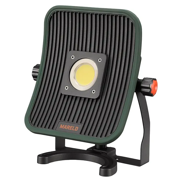 Mareld LED-Strahler Blaze 6500 - 50 W, 6.500 lm, 5.500 K, L x B x H: 14 x 27,2 x 30 cm, IP40 - Dunkelgrüne und schwarze tragbare LED-Arbeitsleuchte mit gerippter Rückseite, gelber COB-LED und verstellbarem Ständer.