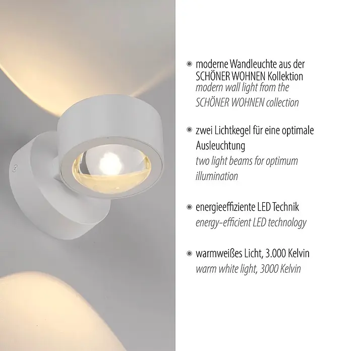 Just Light LED-Wandleuchte Chia - 2 W, L x H: 12,4 x 9 cm, Weiß, Warmweiß - Weiße moderne Wandleuchte, die zwei warme Lichtkegel aussendet.