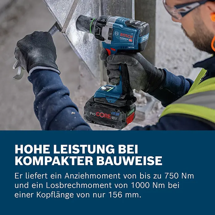Bosch Professional AMPShare 18V Akku-Drehschlagschrauber GDS 18V-750 C - 18 V, Ohne Akku - Bosch Professional Akku-Schlagschrauber GDS 18V-750 C in Gebrauch, befestigt Schraube an Metallkonstruktion.
