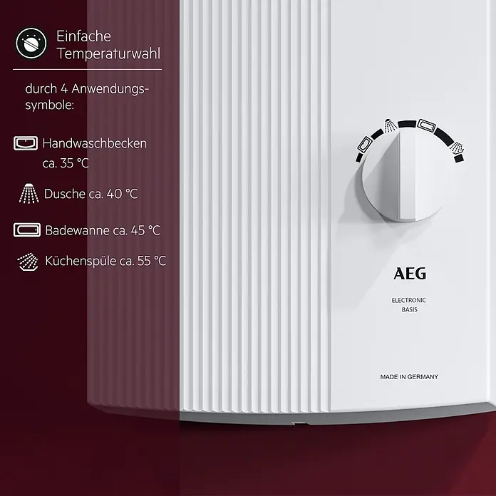 AEG Durchlauferhitzer DDLE Basis - 18/21/24 kW, Elektronisch - Weißer AEG Durchlauferhitzer mit rundem Temperaturwahlregler und Anwendungssymbolen für verschiedene Wassertemperaturen.