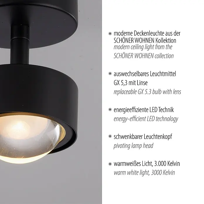 Just Light LED-Deckenstrahler Kulu - 4,8 W, L x B x H: 10,5 x 8 x 12,5 cm, Schwarz, Warmweiß, Anzahl Leuchtmittel: 1 Stk. - Moderne schwarze Deckenleuchte mit schwenkbarem Kopf, warmweißes Licht ausstrahlend.