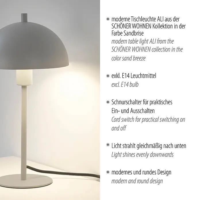 Just Light Tischleuchte - 15 W, L x B x H: 18 x 18 x 35,5 cm, Sandbrise, E14 - Moderne Tischleuchte ALI in Sandbrise-Farbe mit abgerundetem Schirm und Sockel, ausgestattet mit einem Schnurschalter.